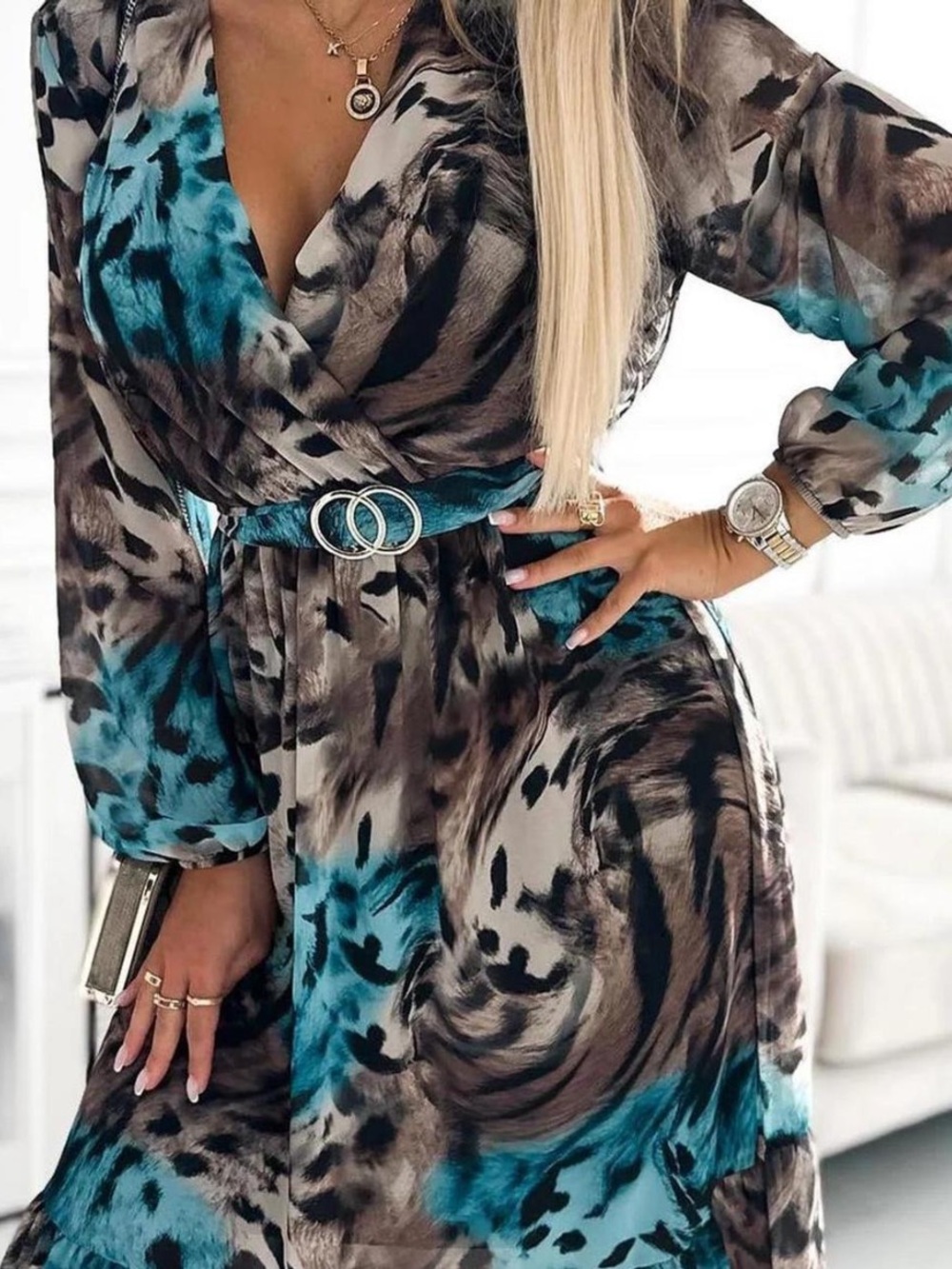 🔥NWT🎁 Teal Floral Print Wrap Dress with Belt LARGE